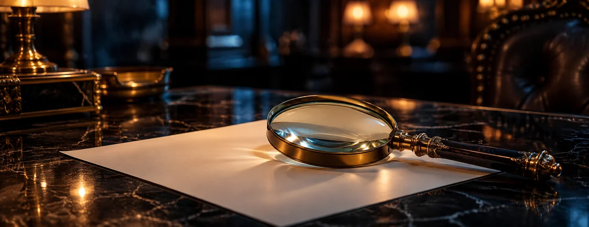 A brass magnifying glass resting on a blank sheet