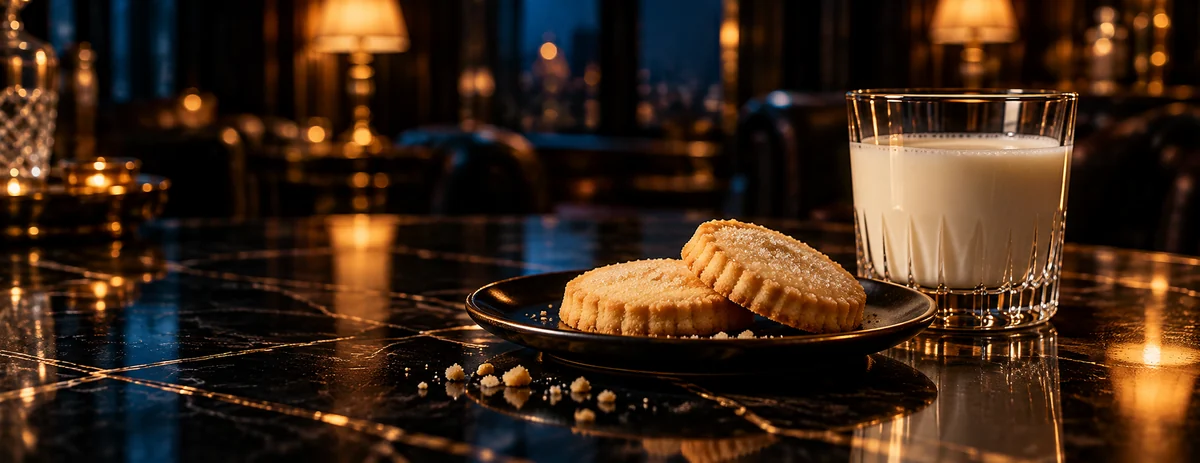 Two shortbread biscuits on a black plate beside a glass of milk
