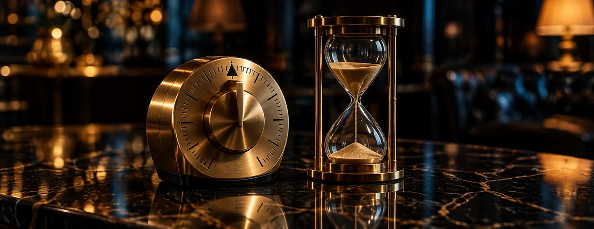 A brass timer dial beside an hourglass