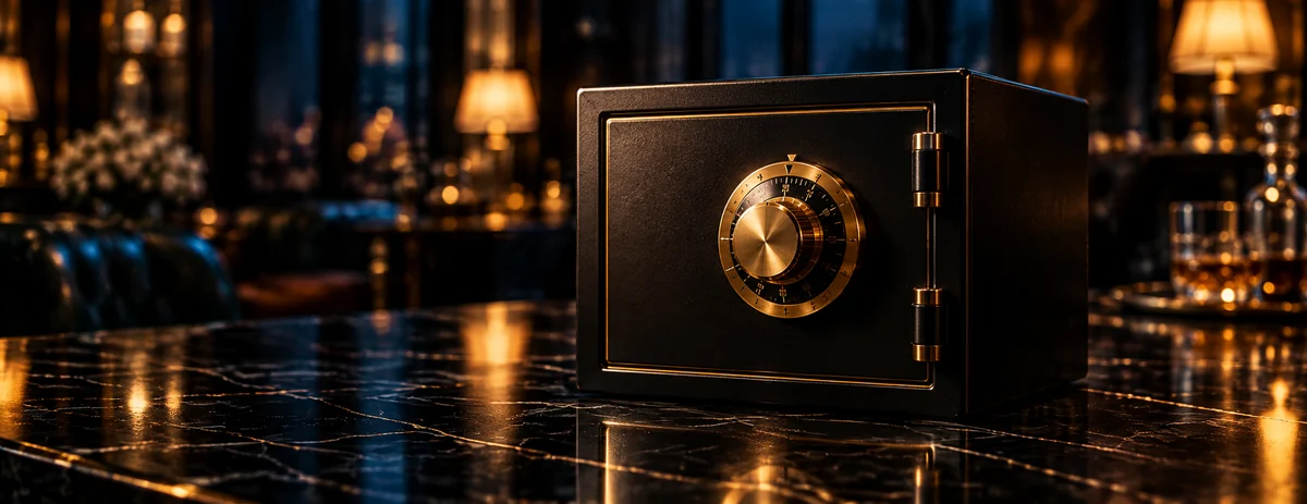 A small black safe with a brass combination dial