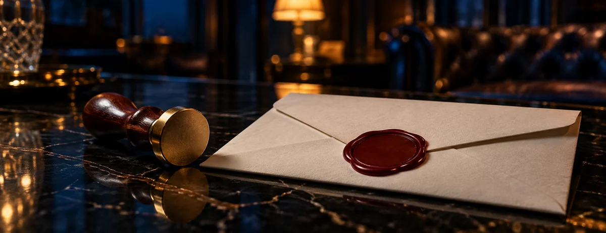 A sealed envelope with dark red wax and a brass seal stamp